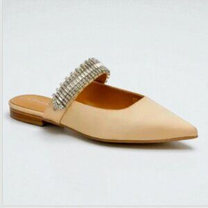 LISA VICKY Move-V Champagne Satin Flats Rhinestone Strap Women’s Shoes 7.5M